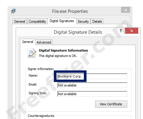 Screenshot of the BioWare Corp. certificate